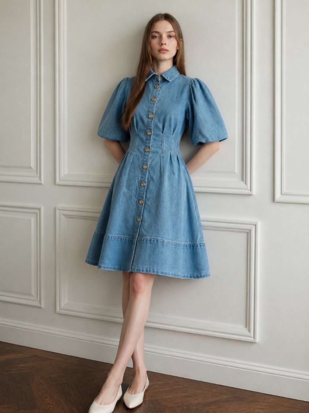 NWT House of Harlow 1960 Denim Puff Sleeve Button Front Mini Dress US 6